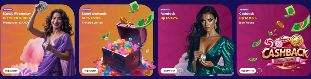 Candy Spinz Casino-Werbedashboard mit verschiedenen Einzahlungs- und Reload-Boni.